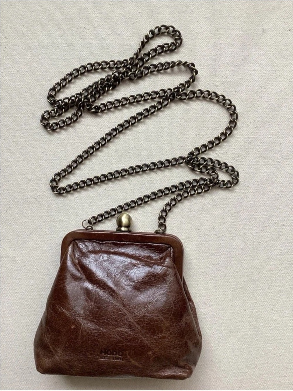 HOBO international Brown Leather Mini Kiss-Lock Crossbody with Chain